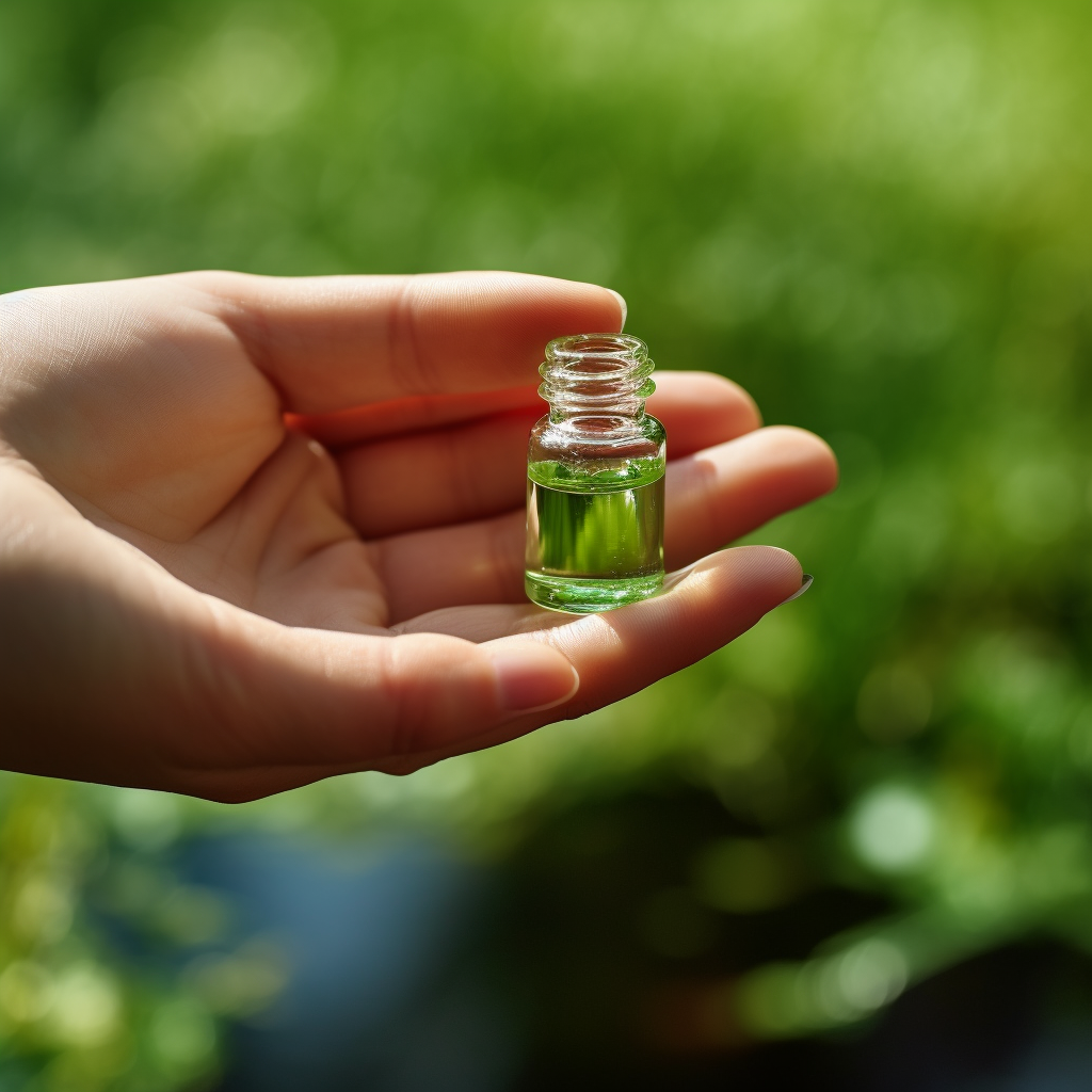 Female hand applying fragrance from tiny vial on wrist 