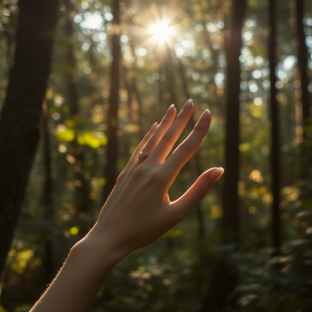 Female hand with fantasy ring in forest, sunlight.