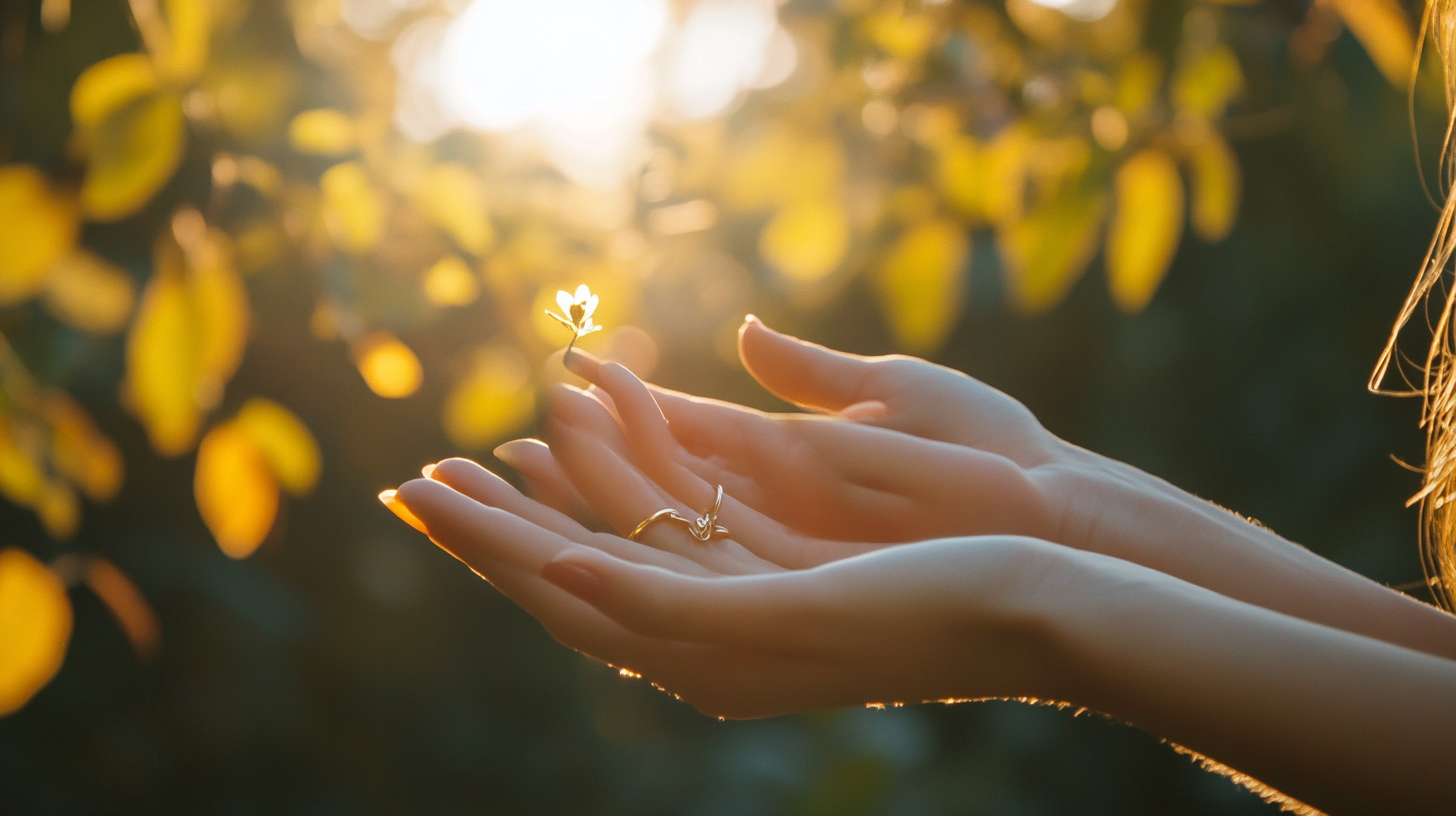 Female hand with fantasy ring supported in nature background.