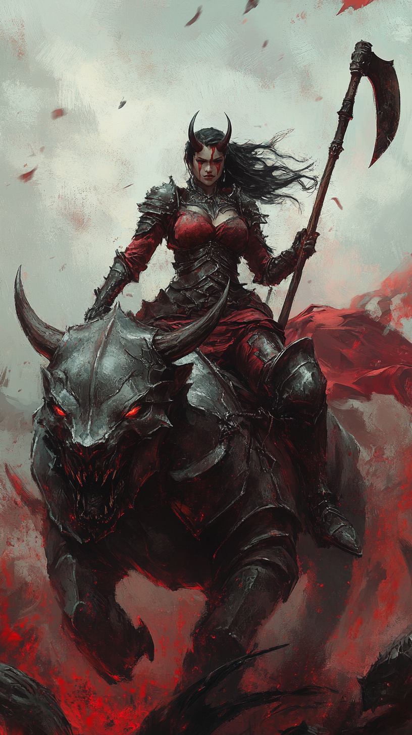 Female humanoid with red skin riding demonic warbeast into battle.