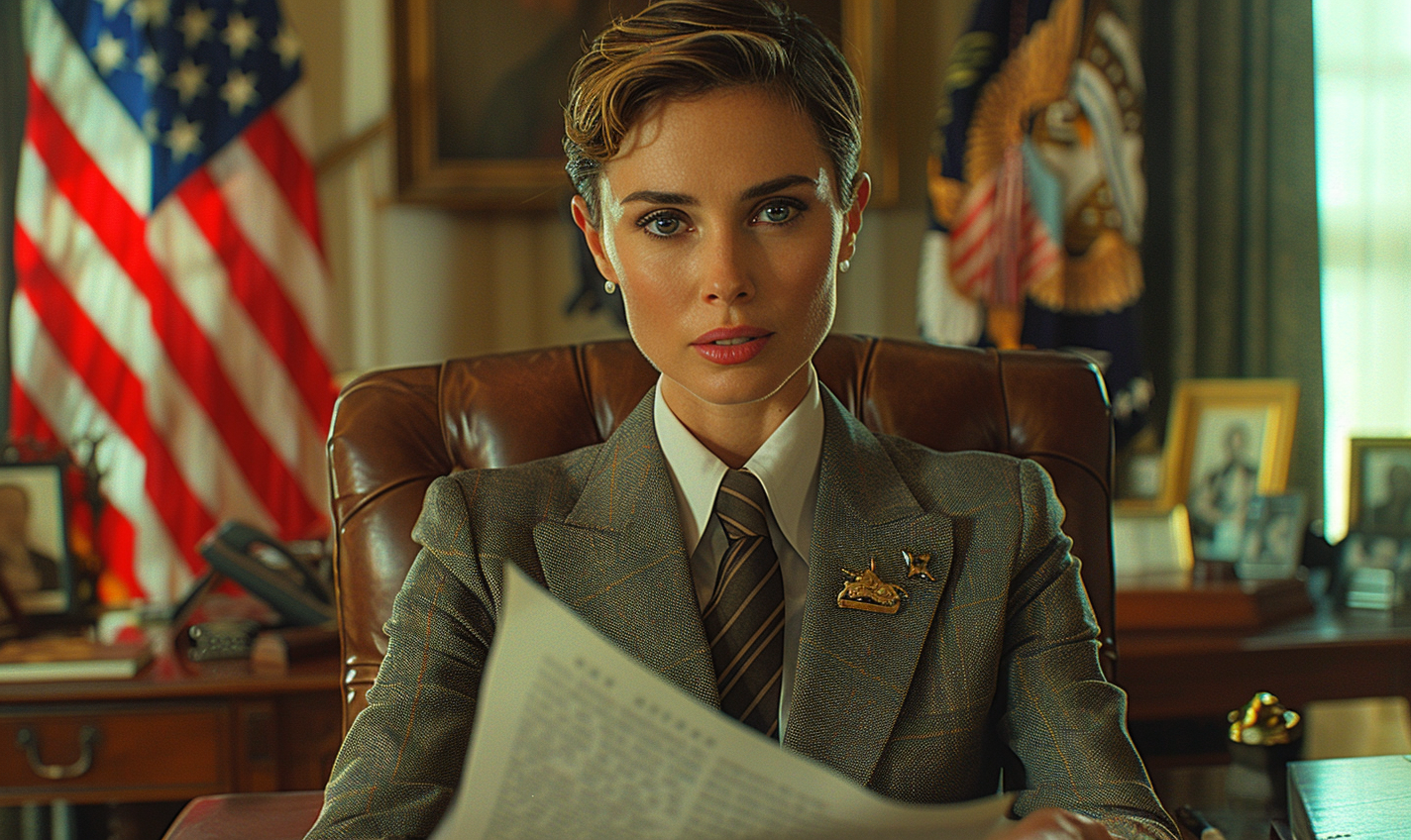 Female in charge in Oval Office signing paper.