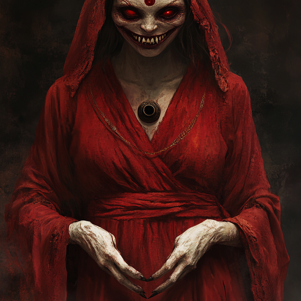 Female in red robe, wide grin, third eye. Claw hands.