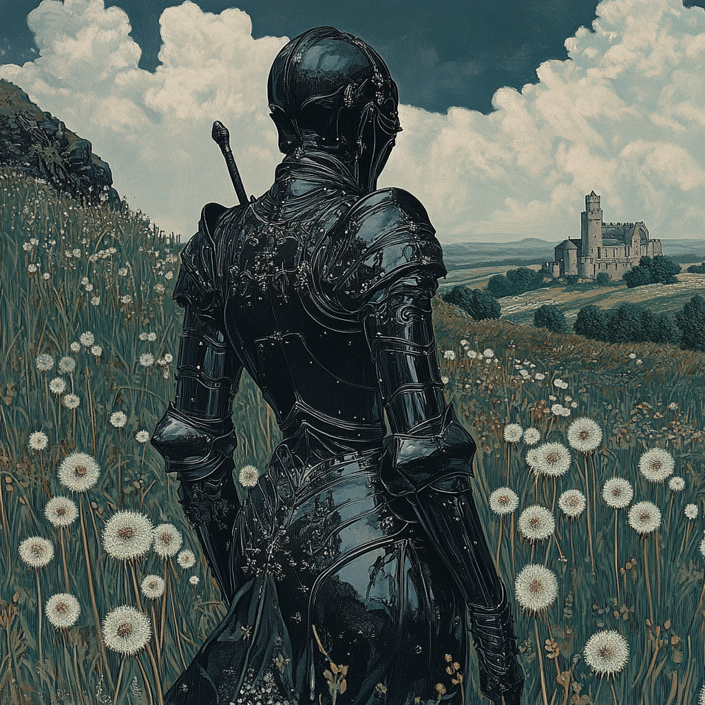 Female knight in black armor walking through dandelion field.