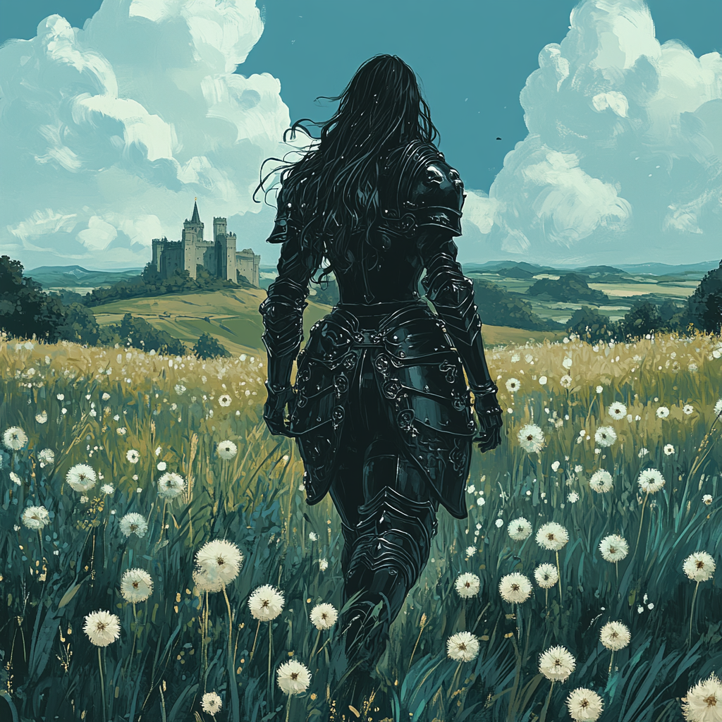 Female knight in black armor walking through dandelions