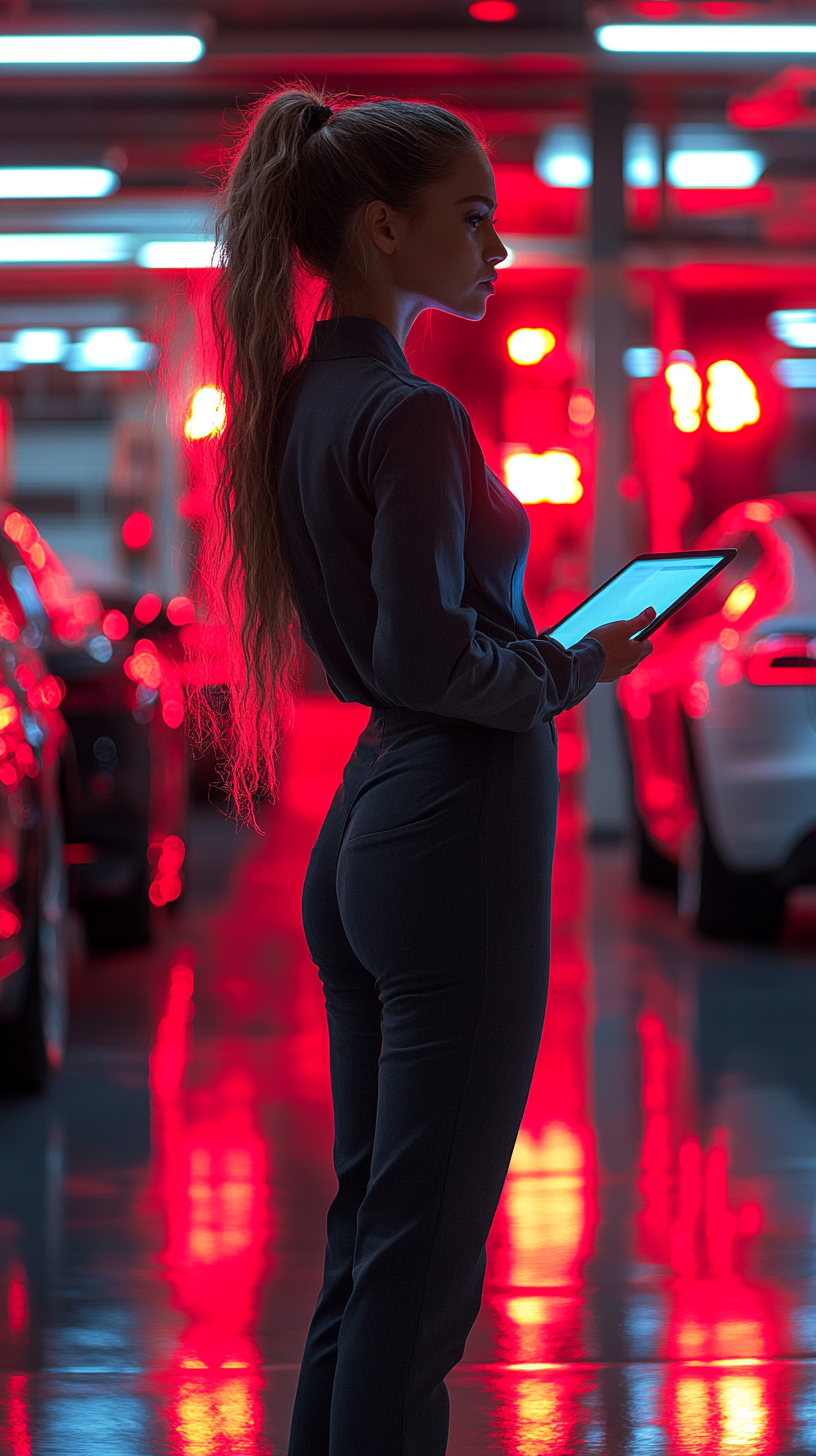 Female mechanic fixing Tesla in brightly lit shop