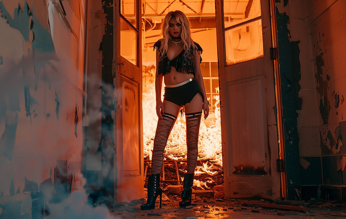 Female model with messy hair in burning doorway.