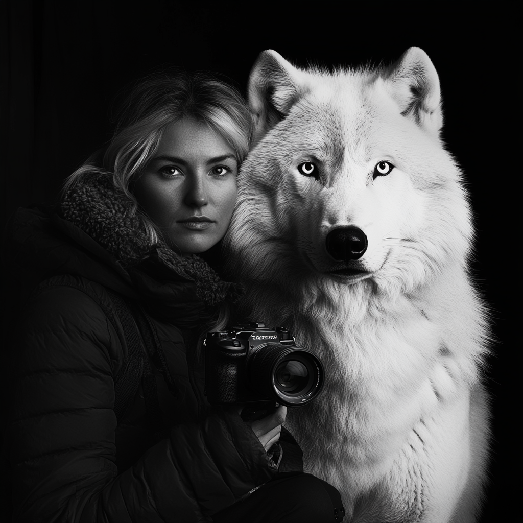 Female nature photographer posing with white wolf in studio.