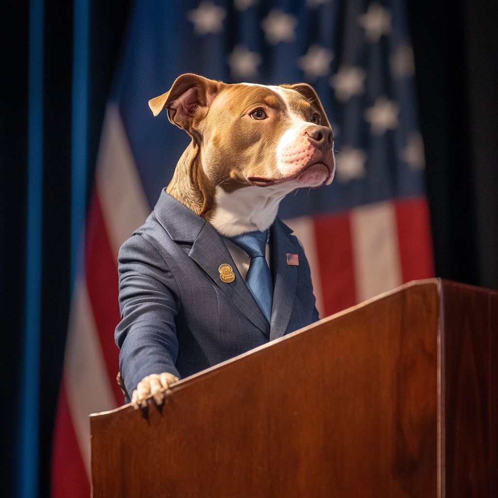 Female pitbull mixed breed dog in blue business suit.