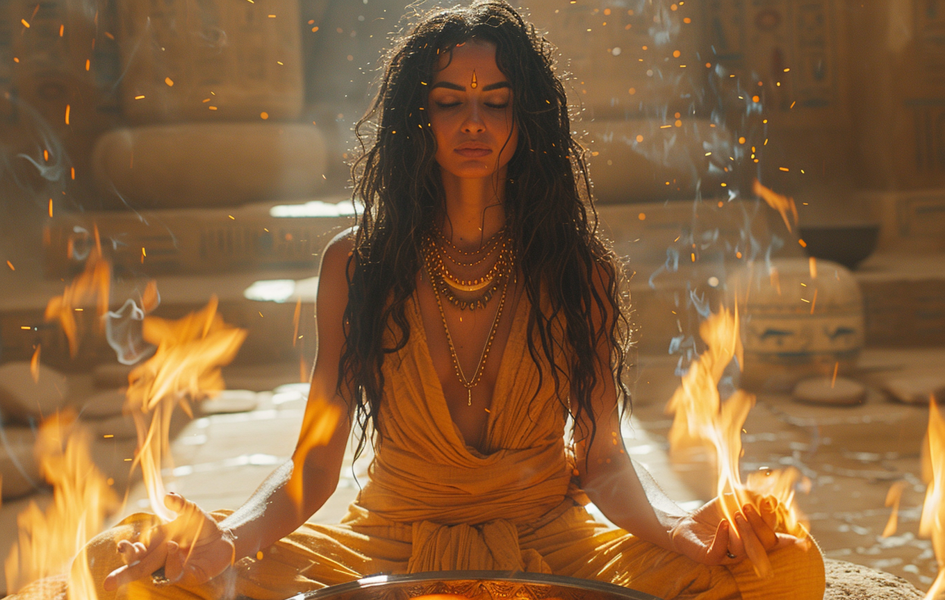 Female priest meditating by firebowl, flames flickering on skin.