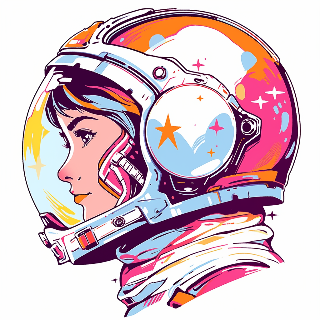 Female retro astronaut in 70s toy helmet, comic cover.