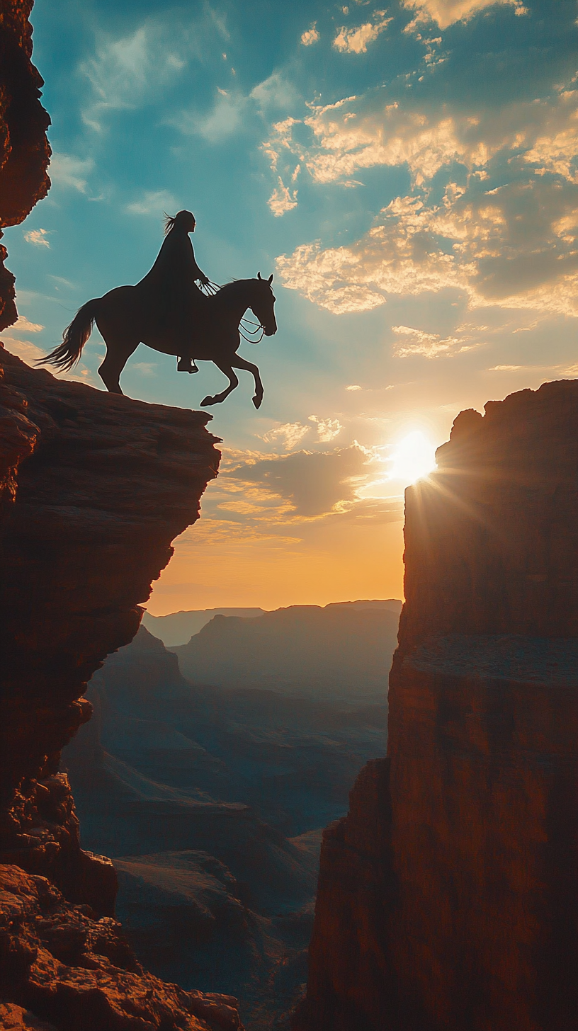 Female rider in cloak jumps horse across red cliff.