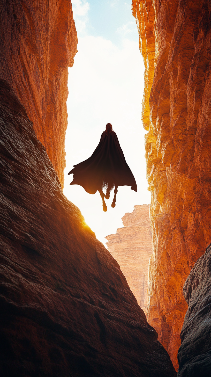 Female rider jumping horse over red rock ravine silhouette.