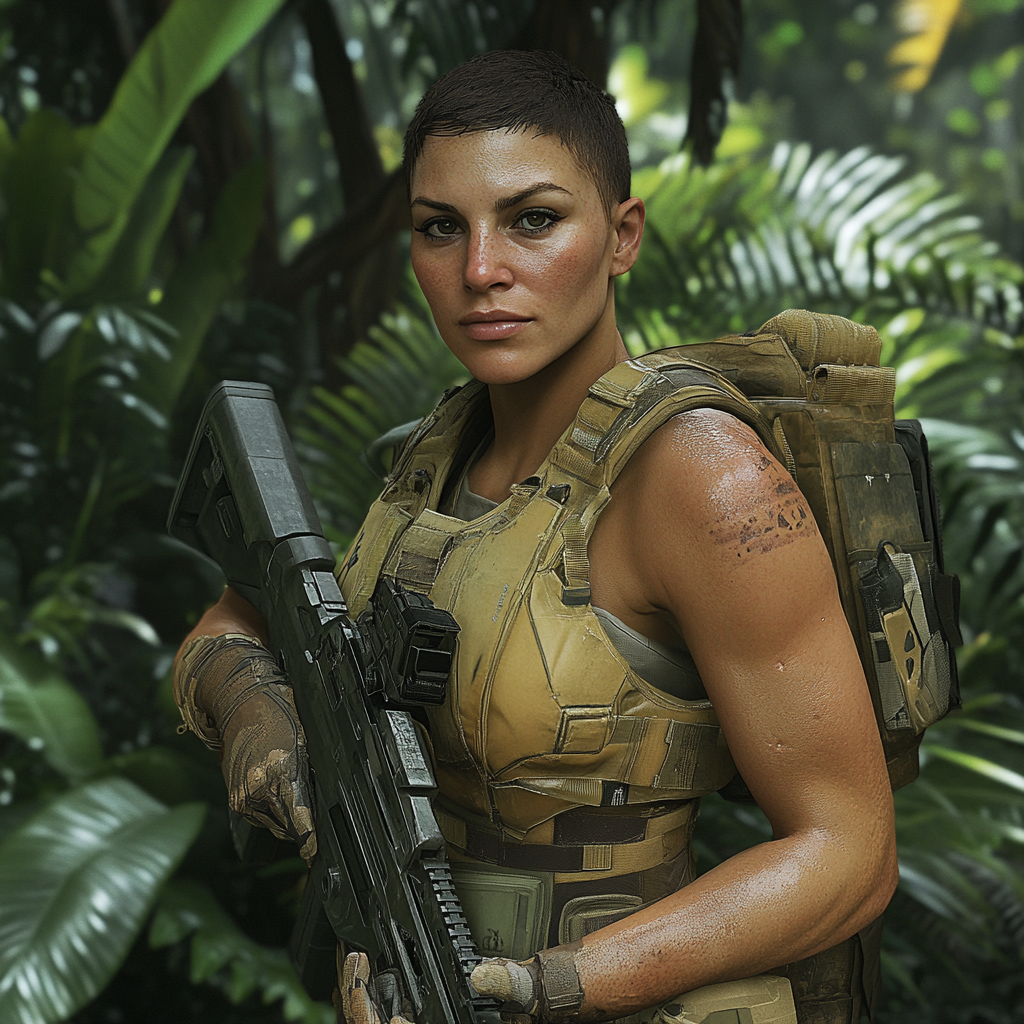 Female sci-fi warrior in jungle with rifle.