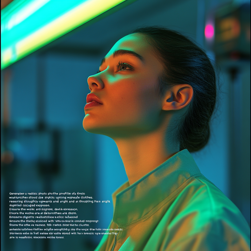 Female scientist in detailed work clothes, looking thoughtful.