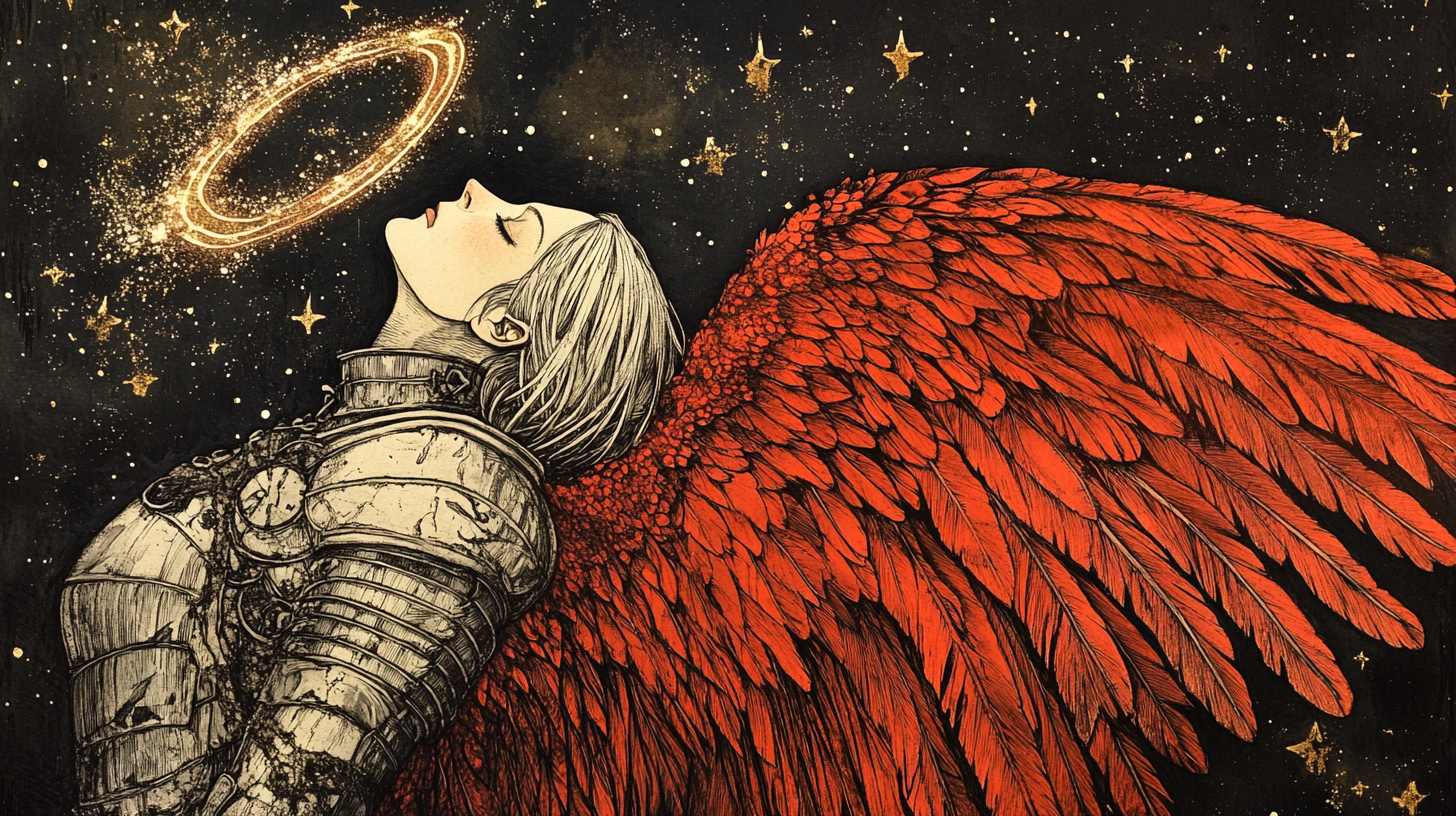 Female seraph wearing armor, fiery halo, red wings, stars.