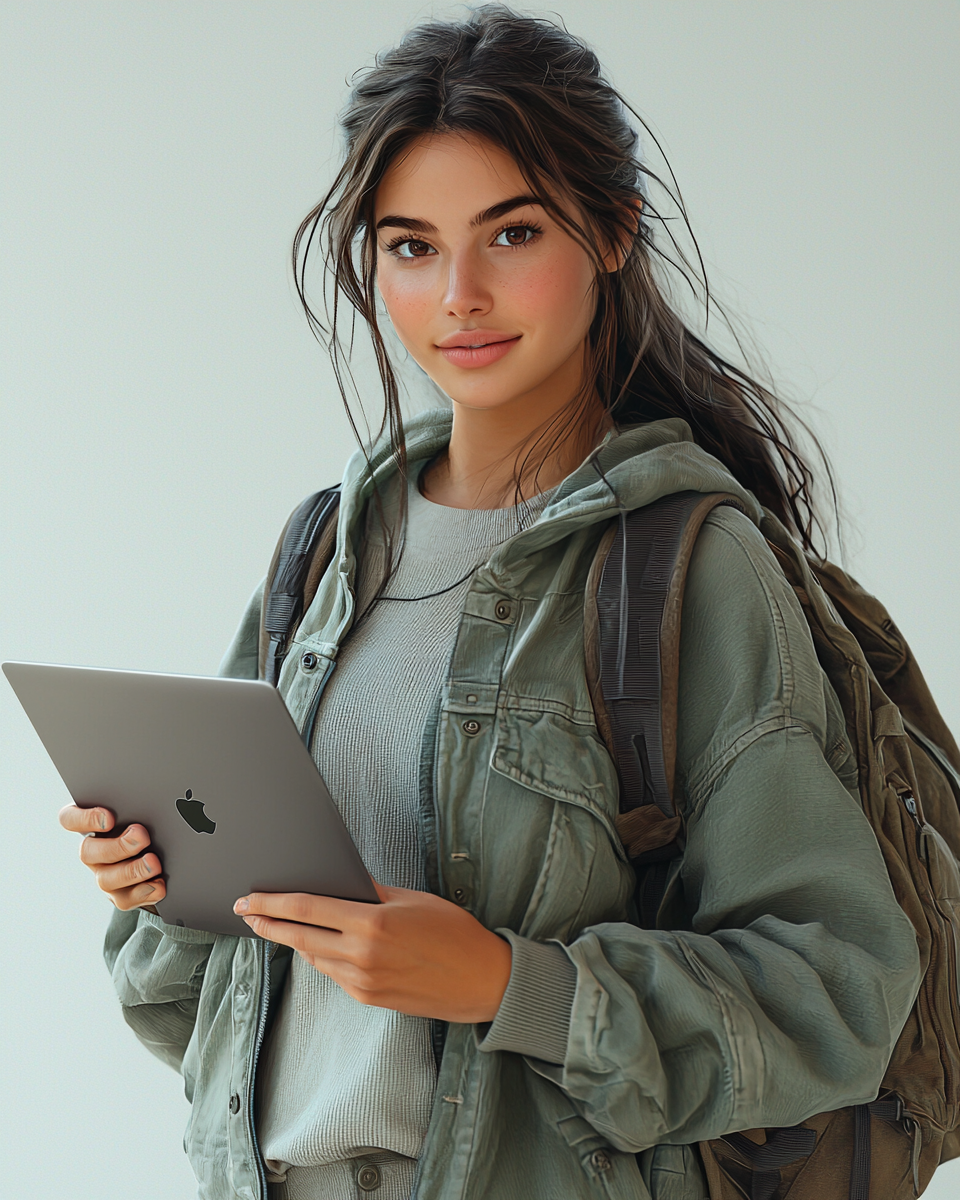 Female student with laptop in casual attire, smiling.