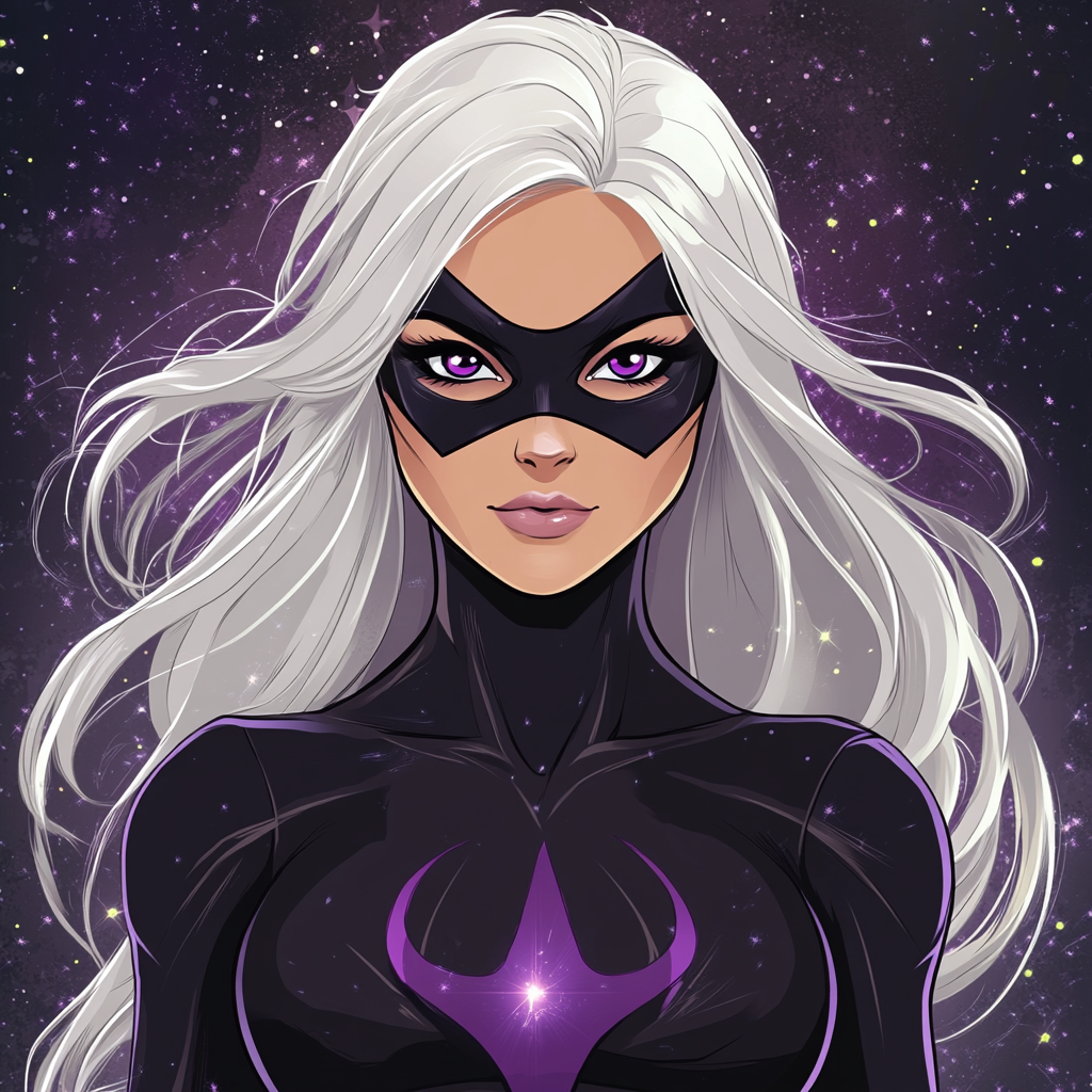 Female superhero in black and purple comic costume