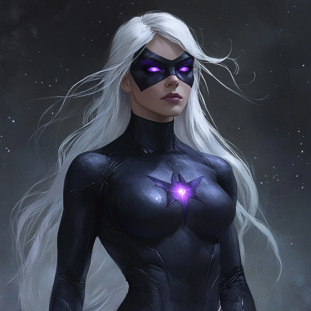 Female superhero without mask in black and purple costume