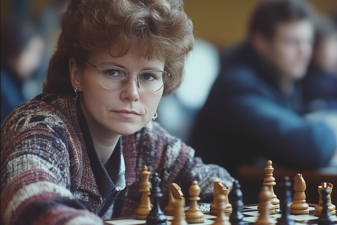 Female teacher playing chess on train, looking at camera.