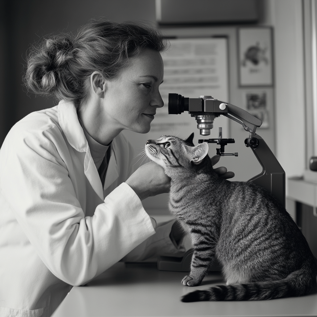 Female vet examining cat with stethoscope in clinic.