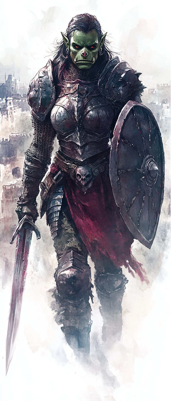 Female warrior in heavy armor holding sword and shield.