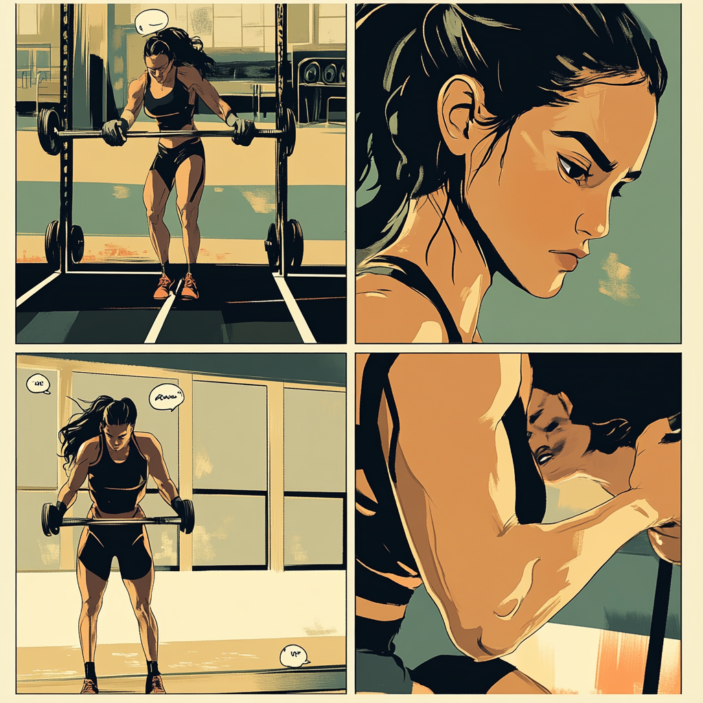 Female weight lifter in exciting comic panels. Intense moments showcased.