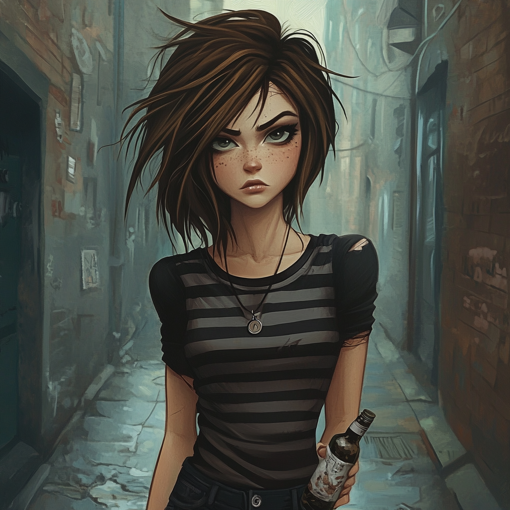 Female with brown spiky hair in grunge style.