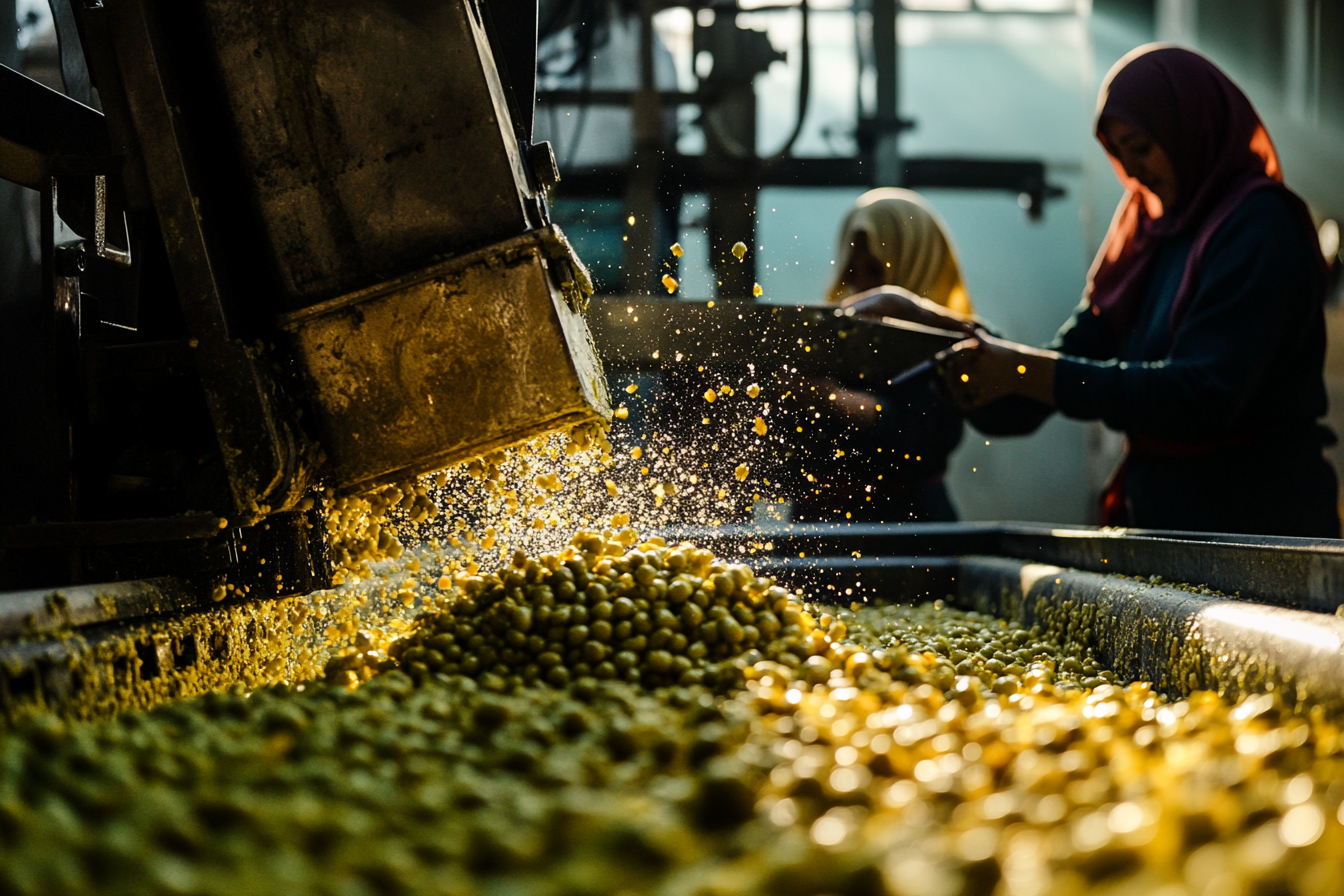 Female workers crush olives into green paste.