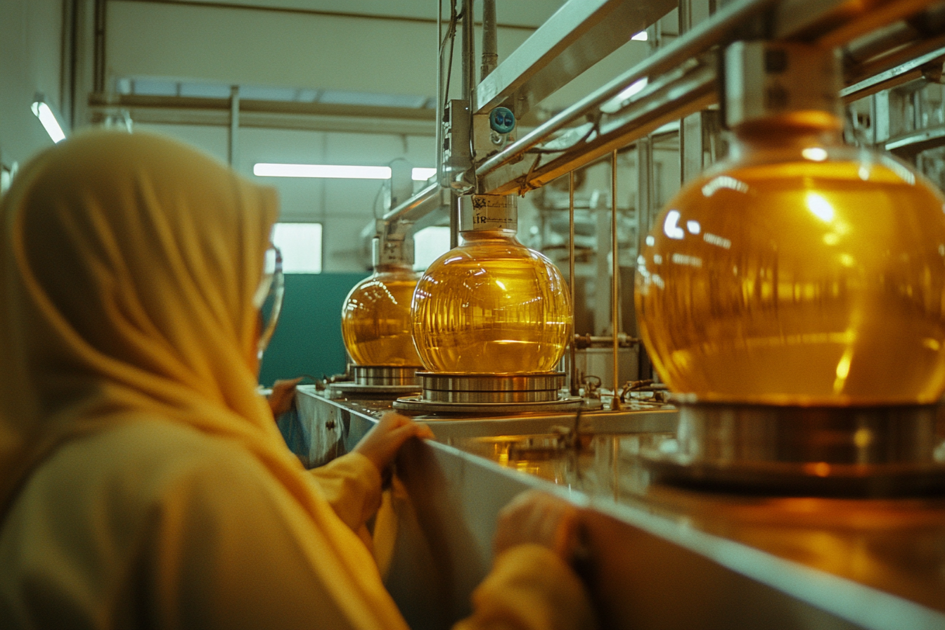 Female workers in hijabs monitor efficient oil extraction.