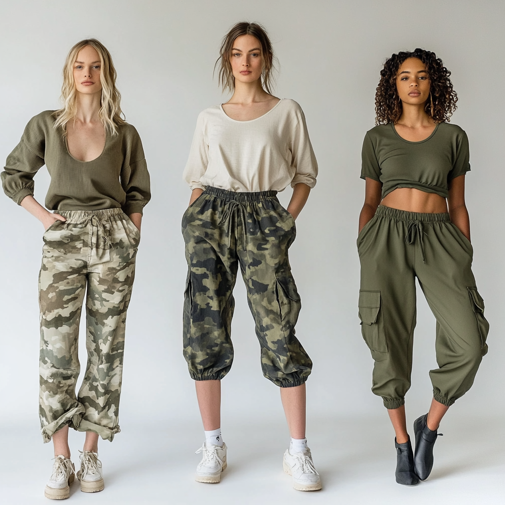 Feminine models in slim ankle pants, army green fall fashion 