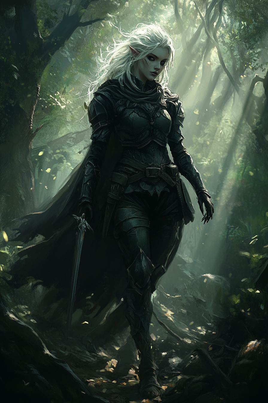 Feral drow female ranger in dark leather armor. Stalking woods.