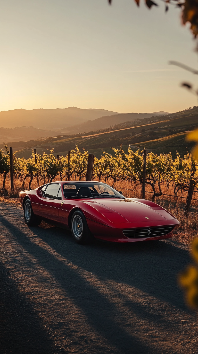 Ferrari Daytona SP3 parked near vineyard, sunset mountains backdrop