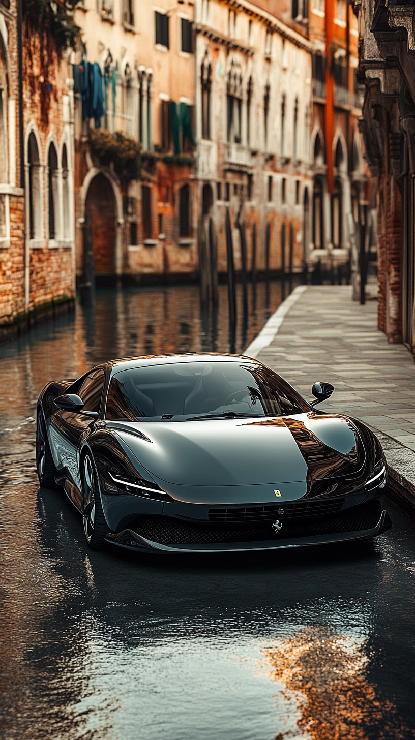 Ferrari Roma driving in Venice with historic buildings reflection.