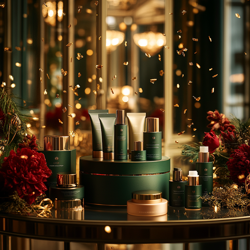 Festive Beauty Products Display in Ornate Gold Room