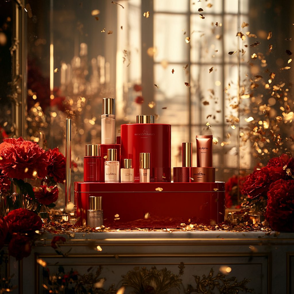 Festive Beauty Products Showcase in Ornate Gold Room