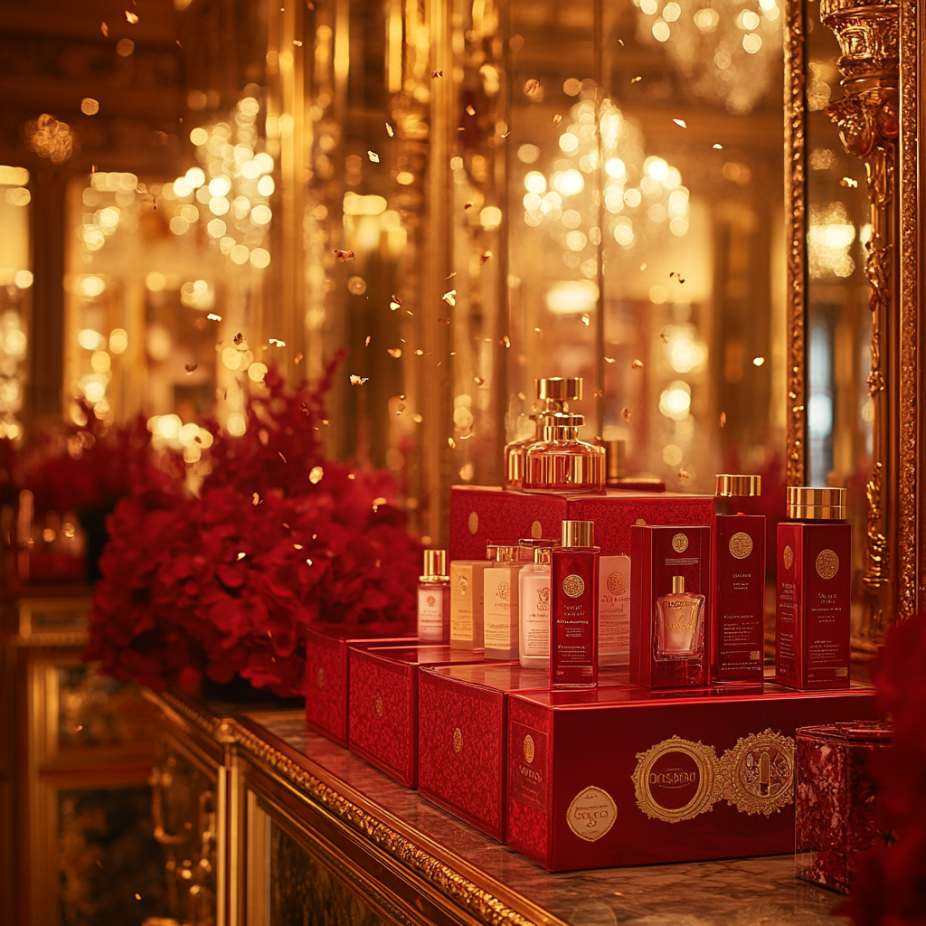 Festive Beauty Products in Ornate Gold Room