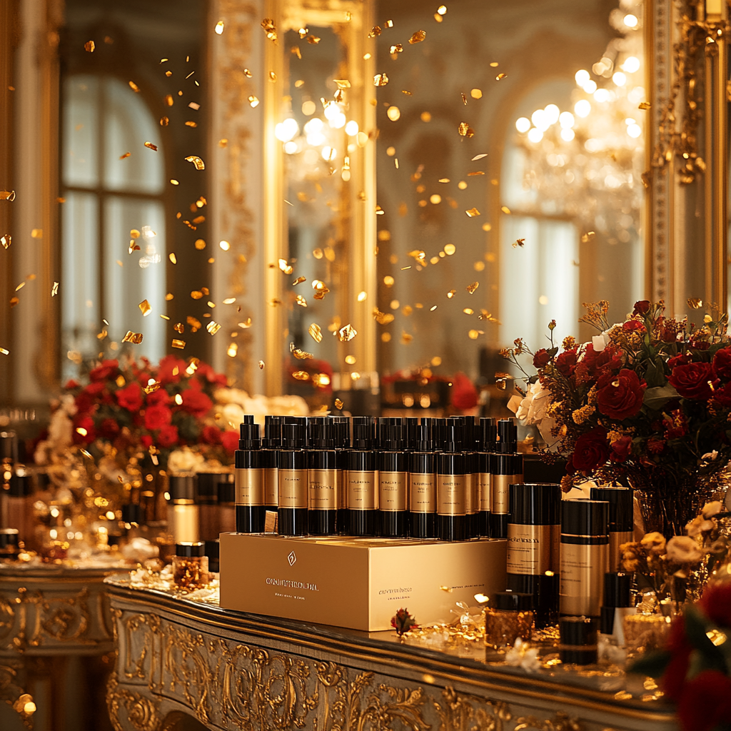 Festive Beauty Products in a Gold Room