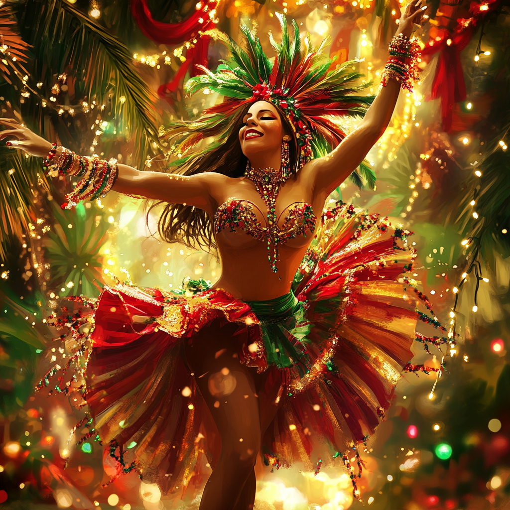 Festive Brazilian Samba Dancer in Christmas Background