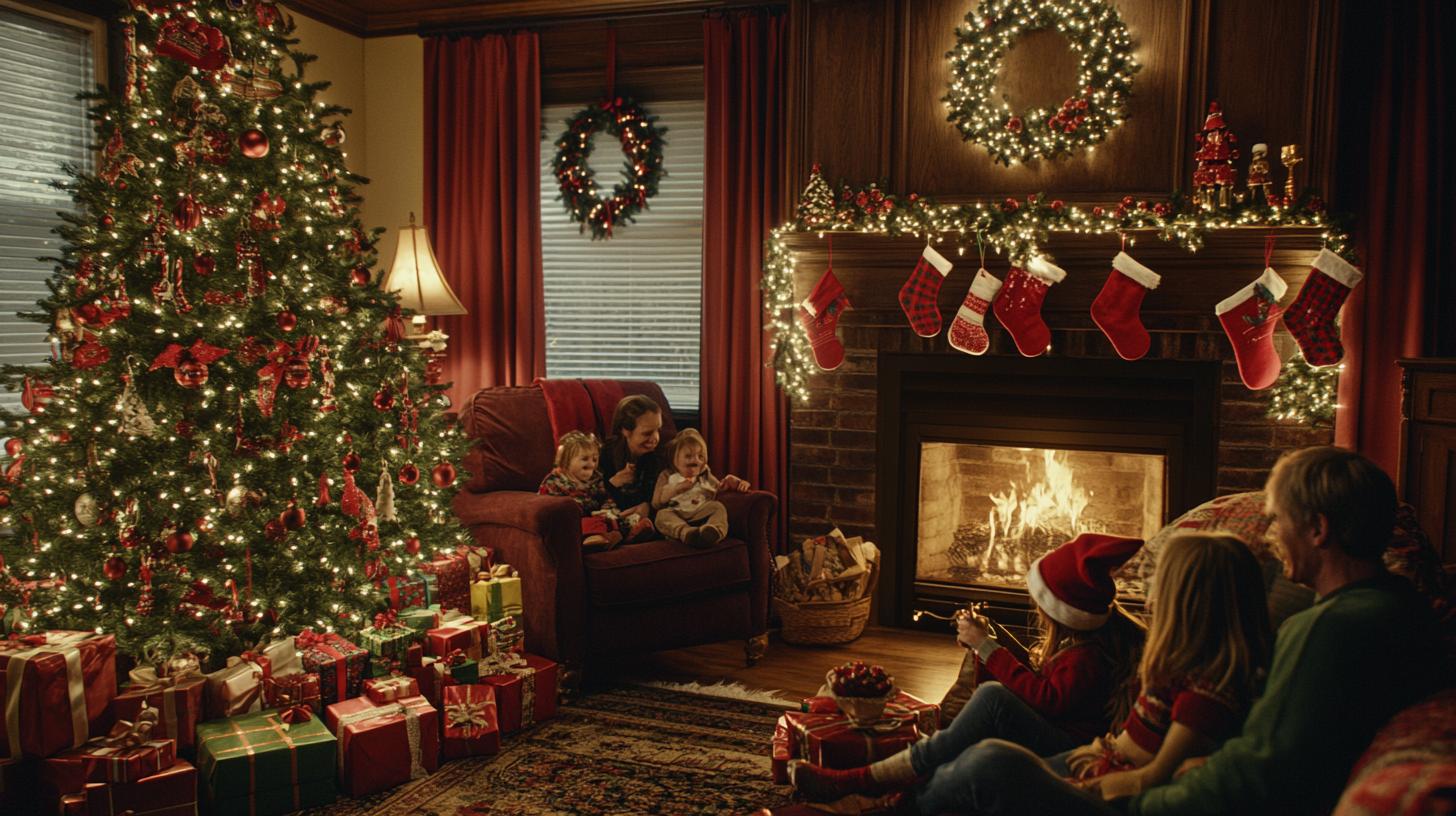 Festive Christmas living room with family and dog