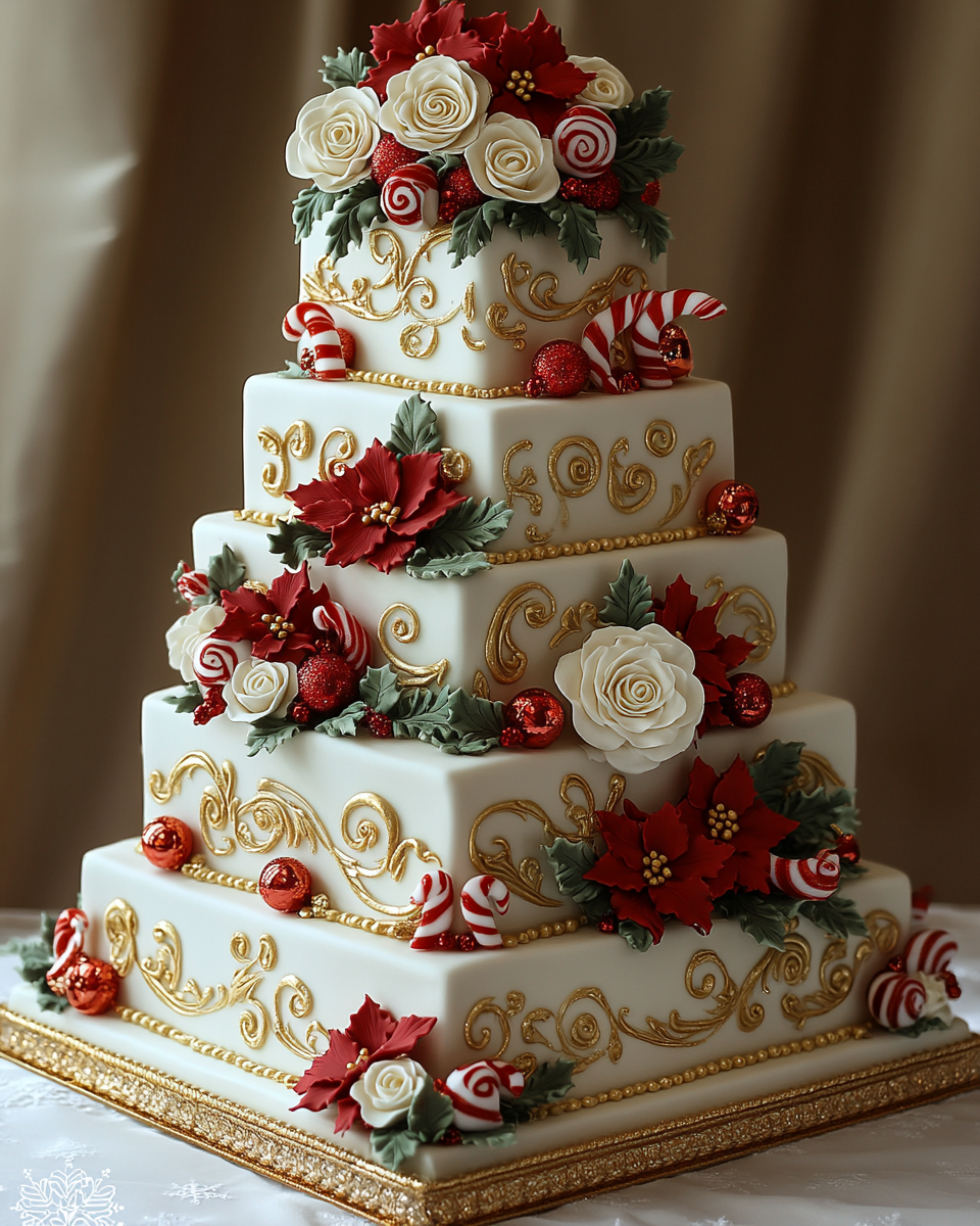 Festive Christmas wedding cake with gold accents