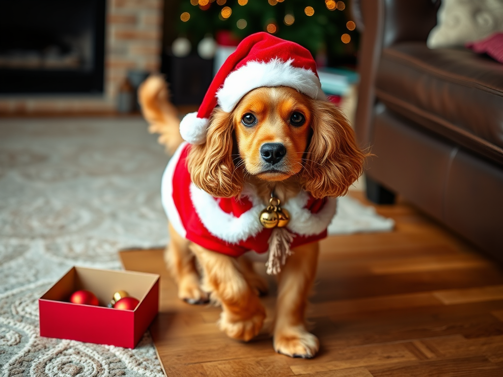 Festive Cocker Spaniel Charlie in Santa Suit