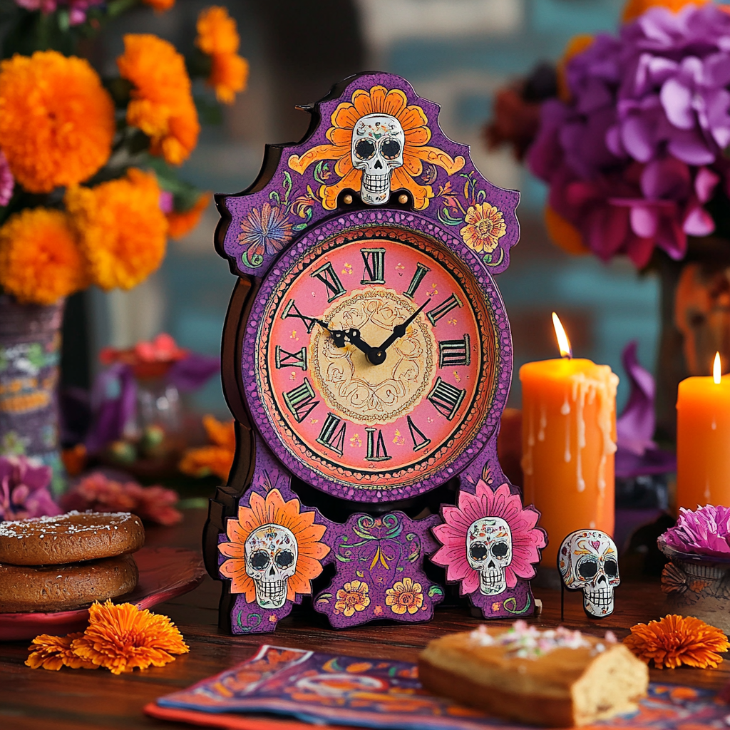 Festive Dia de los Muertos Decorated Clock Scene