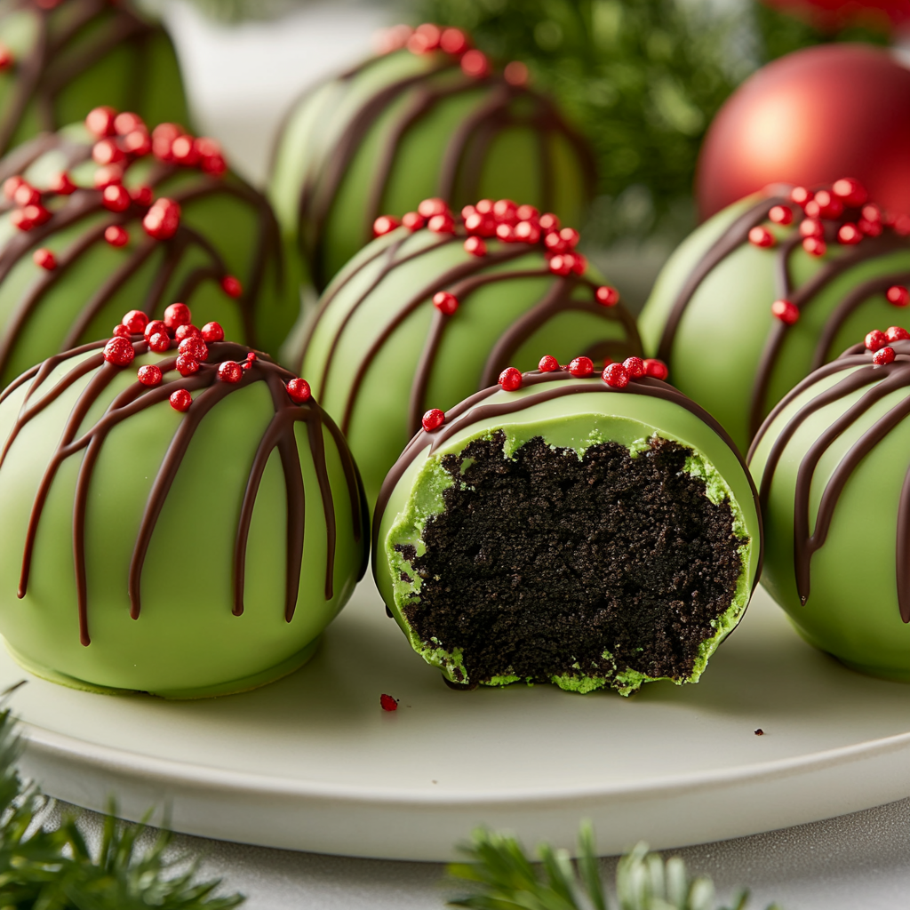 Festive Grinch-inspired Oreo truffle balls on display