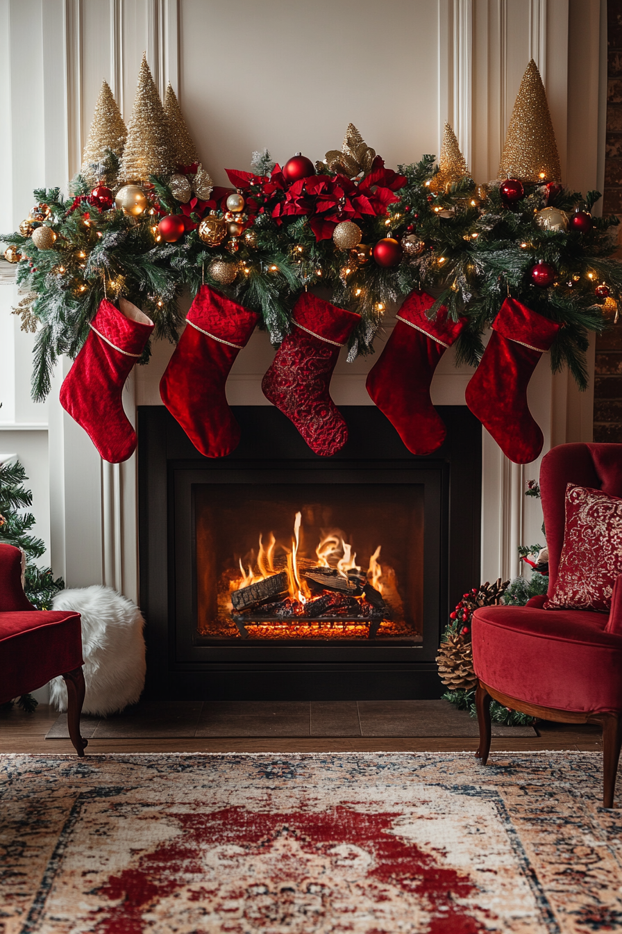 Festive Red and Gold Decorations Around Fireplace