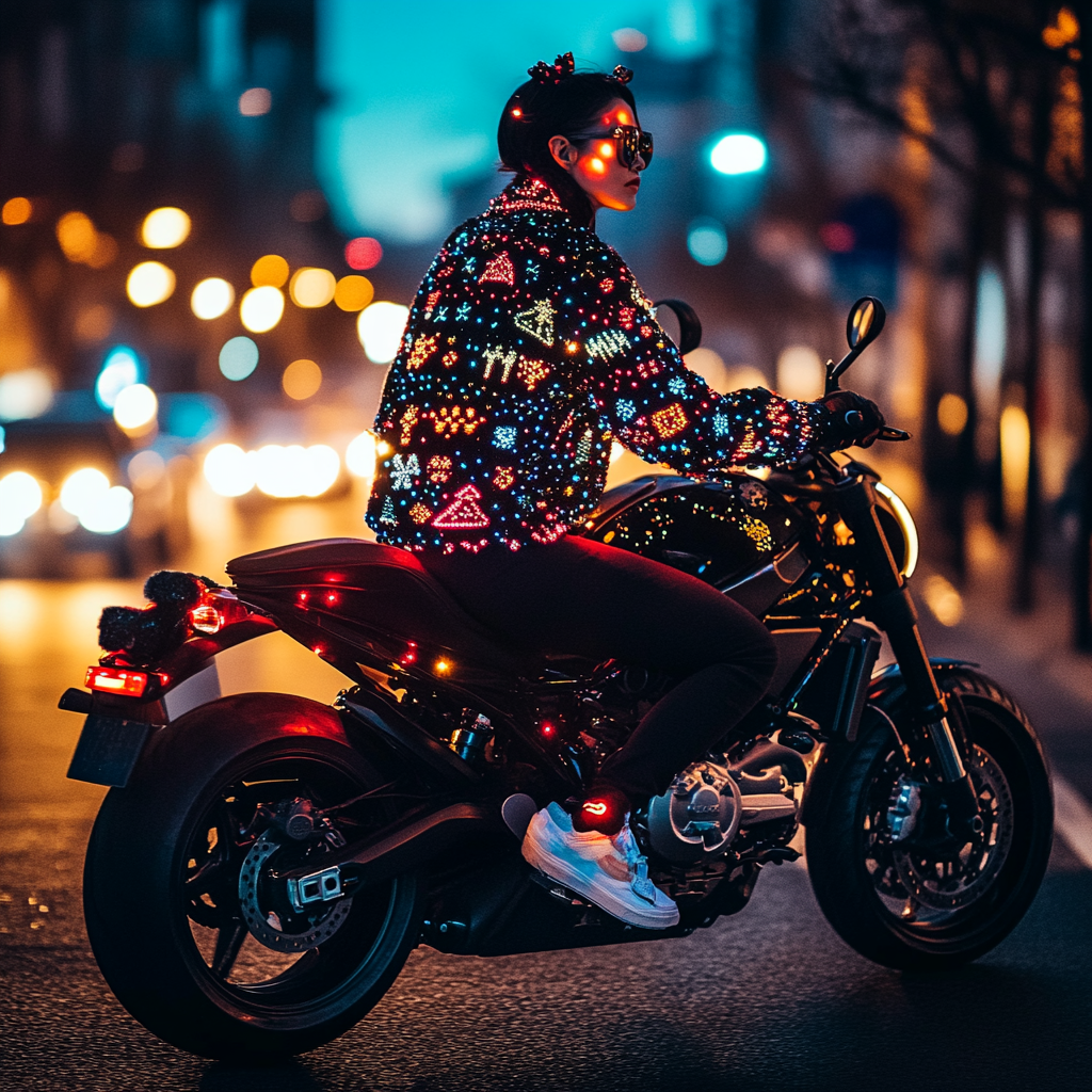 Festive Rider on Motorcycle in Urban Night