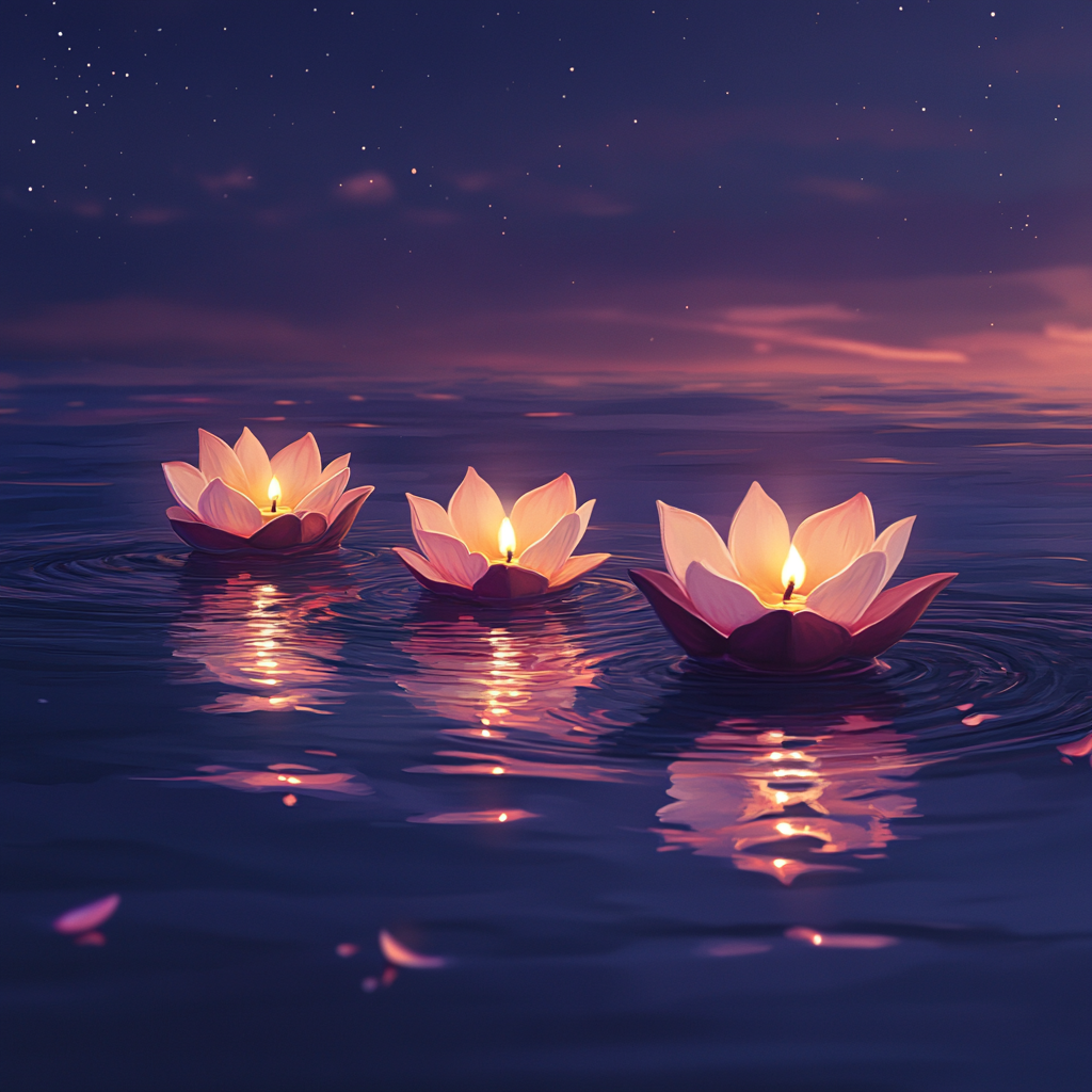 Festive banner with glowing lotus diyas on water