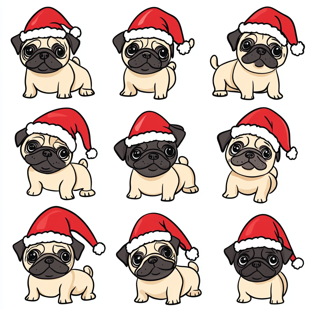 Festive cartoon pugs in Christmas attire.