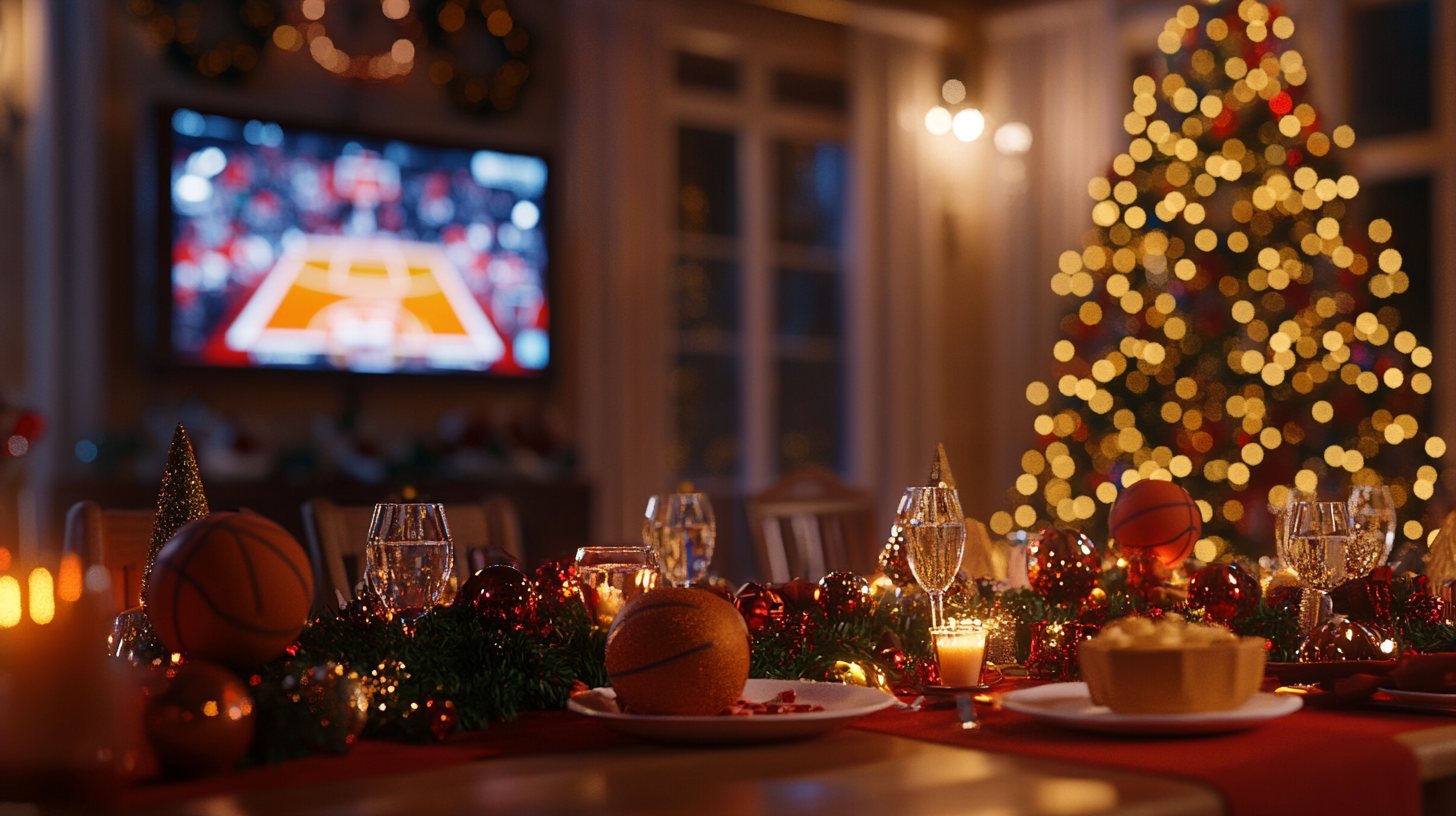 Festive dinner with basketball on TV, nostalgic ambiance.