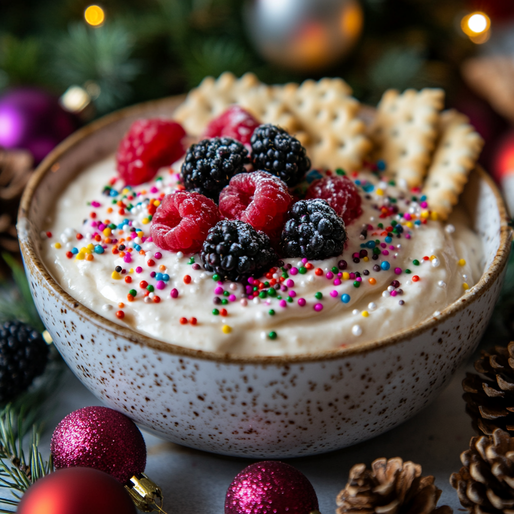 Festive holiday dessert with creamy dip and berries.