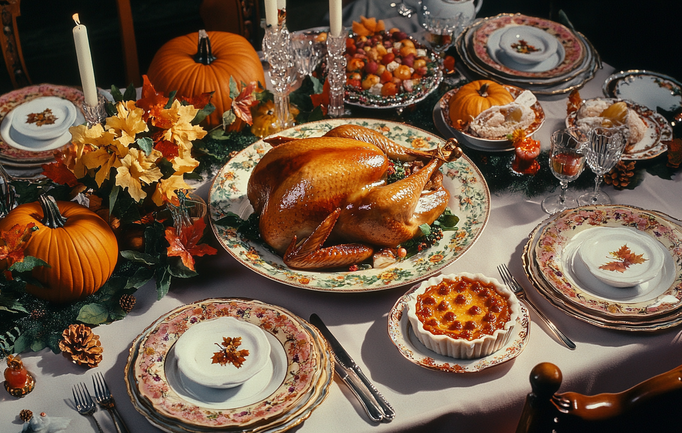 Festive holiday dinner table with traditional dishes.